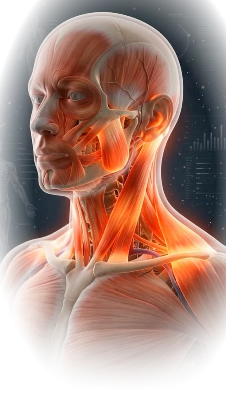 Musculatura do pescoço, trapézio e ombro em destaque